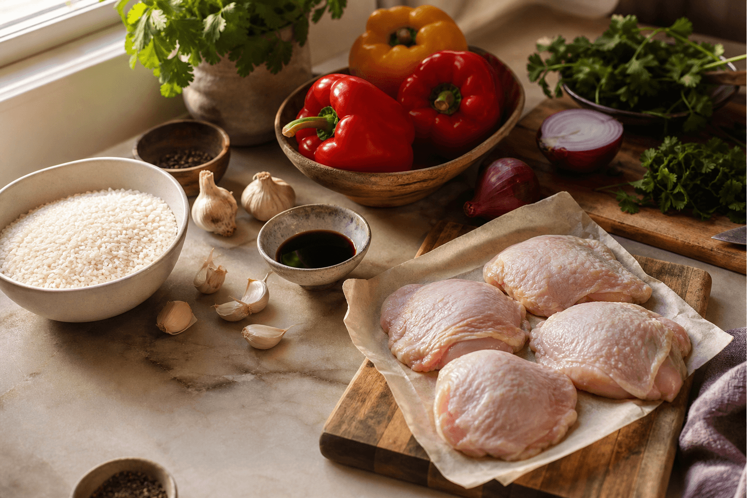 Fresh ingredients on a kitchen counter — the starting point for Grab & Cook.