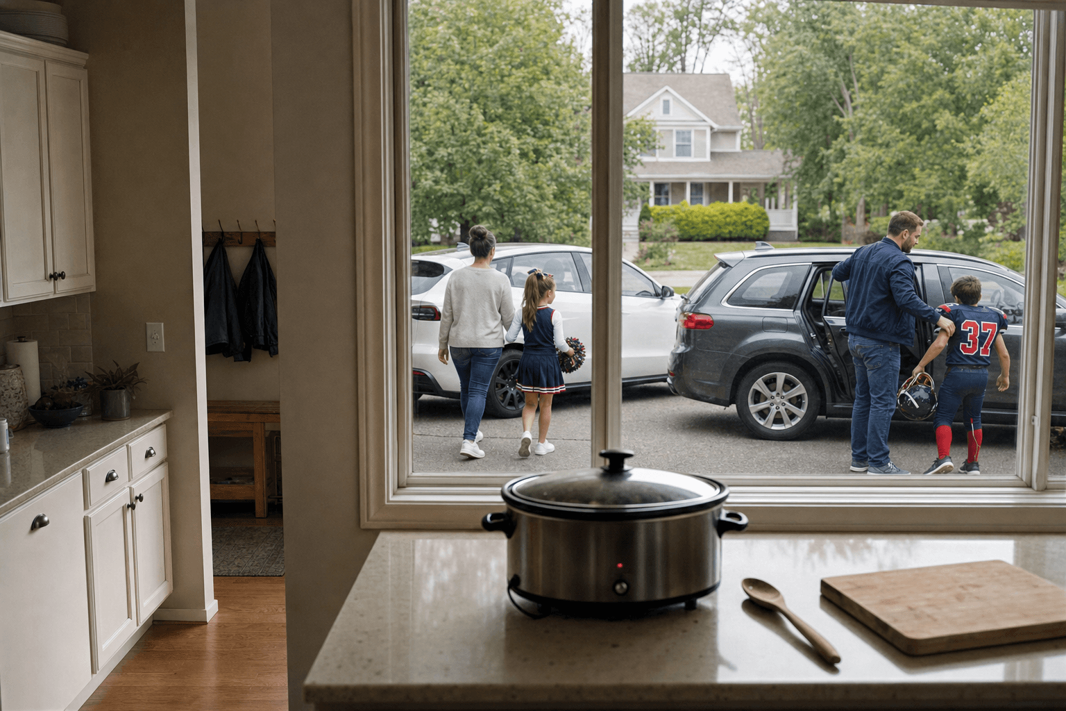 A family at home during an ordinary week — Both games are at 10, opposite ends of town