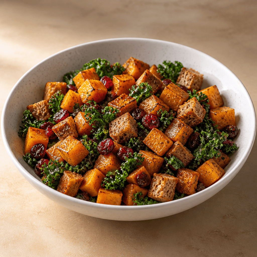 Balsamic Butternut, Kale and Cranberry Panzanella