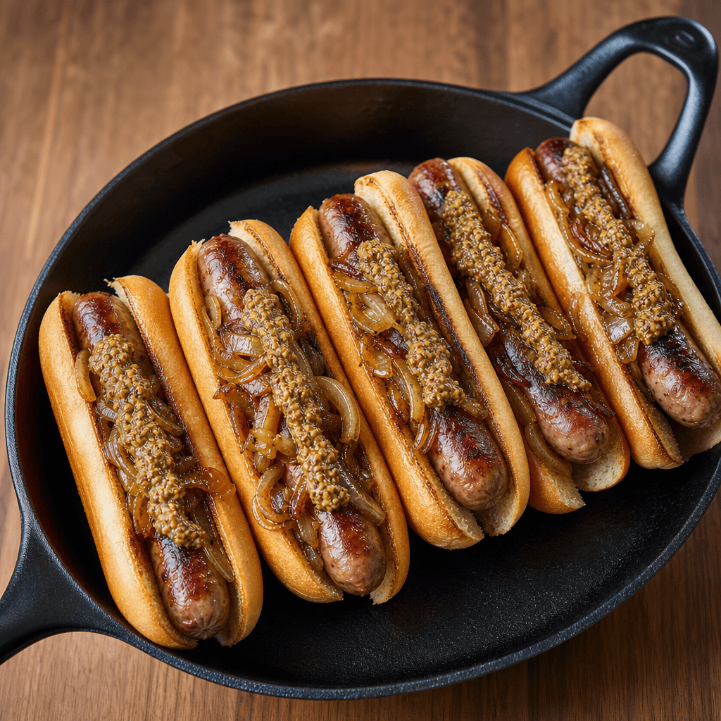 Cold Beer Brats with Caramelized Onions & Beer Mustard Sauce
