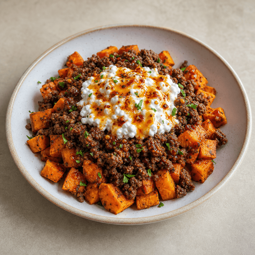 Hot Honey Cottage Cheese Sweet Potato Beef Bowl